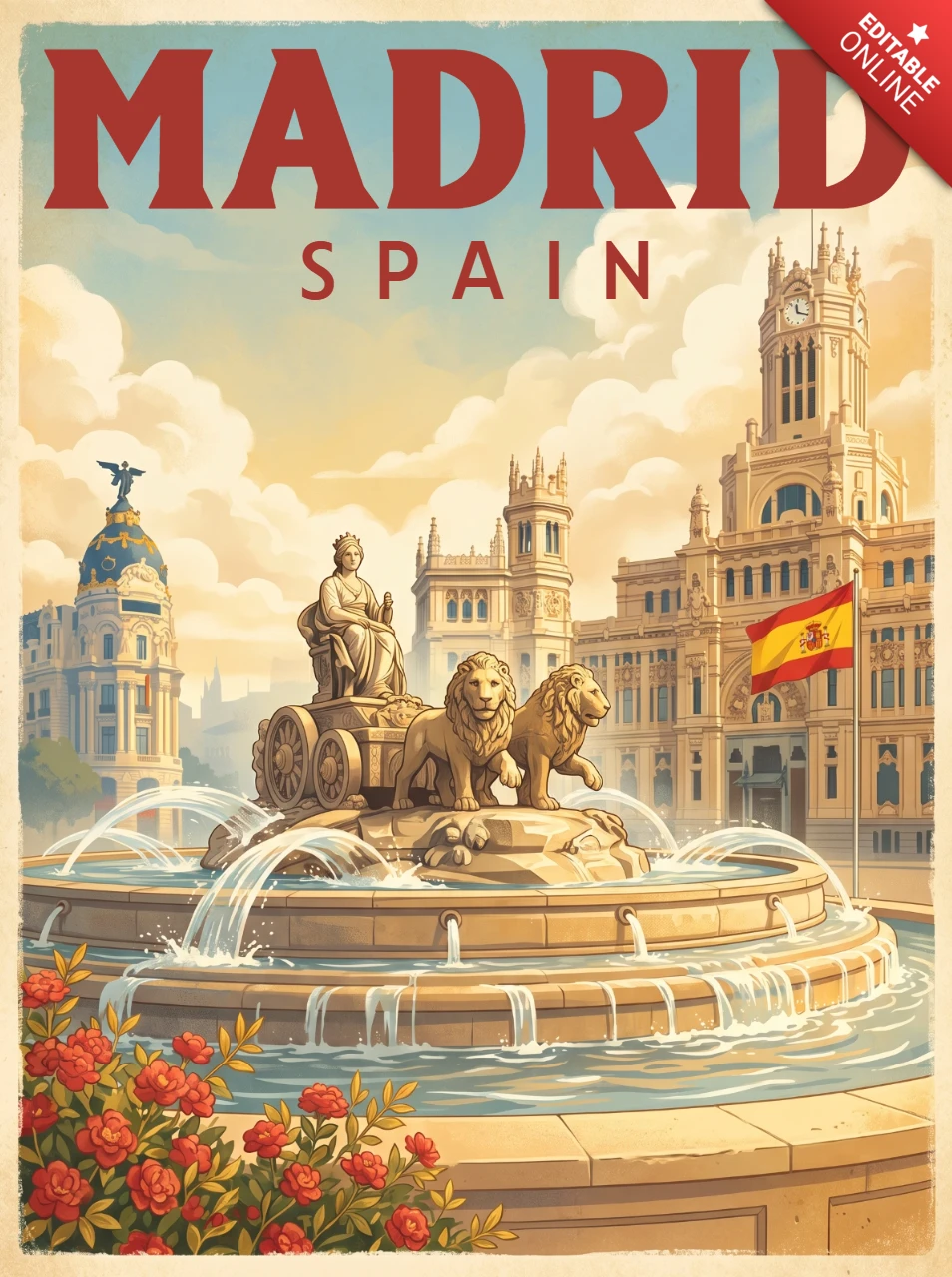 Vintage Retro Madrid Adventure Poster Spain Iconic Cibeles Fountain Historic Palacio de Cibeles Red Roses Classical Architecture Travel Wall Decor