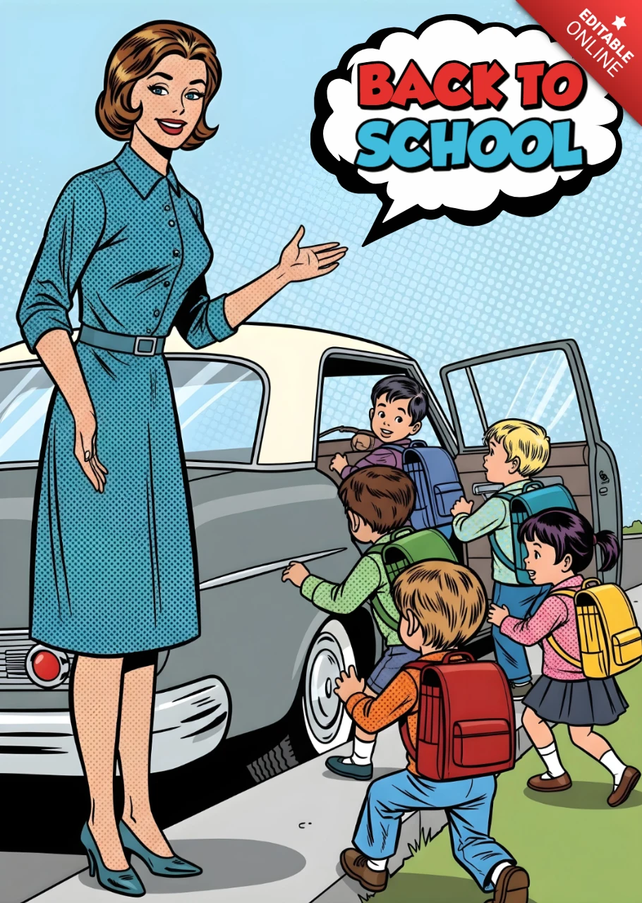 Zurück zur Schule, Schüler nähern sich einem Oldtimer mit Lehrer oder Elternteil, Begrüßungsplakat-Designvorlage.