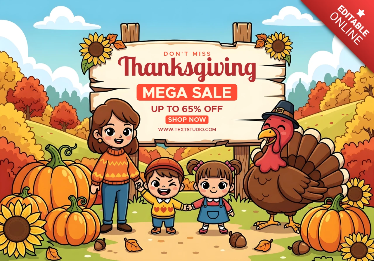 Fall Mega Sale with Smiling Kids, Festive Turkey & Cozy Forest Scene Promotional Banner Design Template