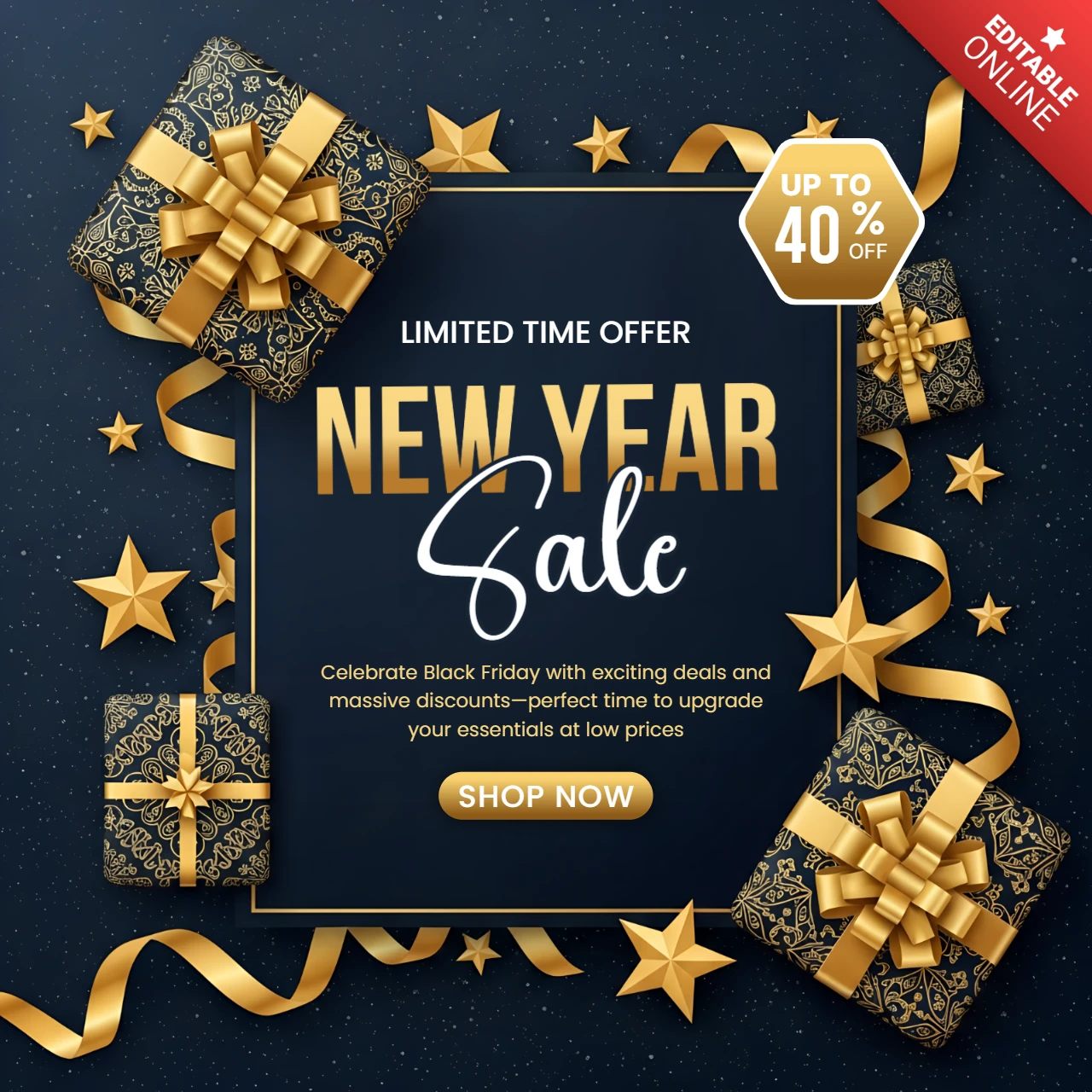 Template de design de venda de ano novo elegante com caixas de presente para folhetos promocionais