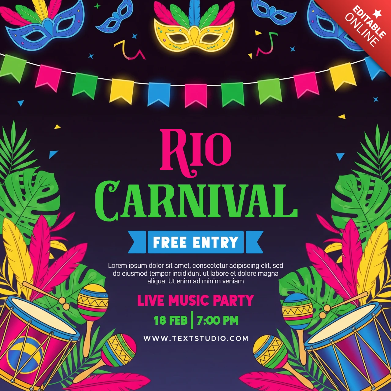 Póster del carnaval de Río con un degradado de púrpura oscuro a negro, con máscaras coloridas, plumas, tambores, hojas tropicales y luces de cuerda.