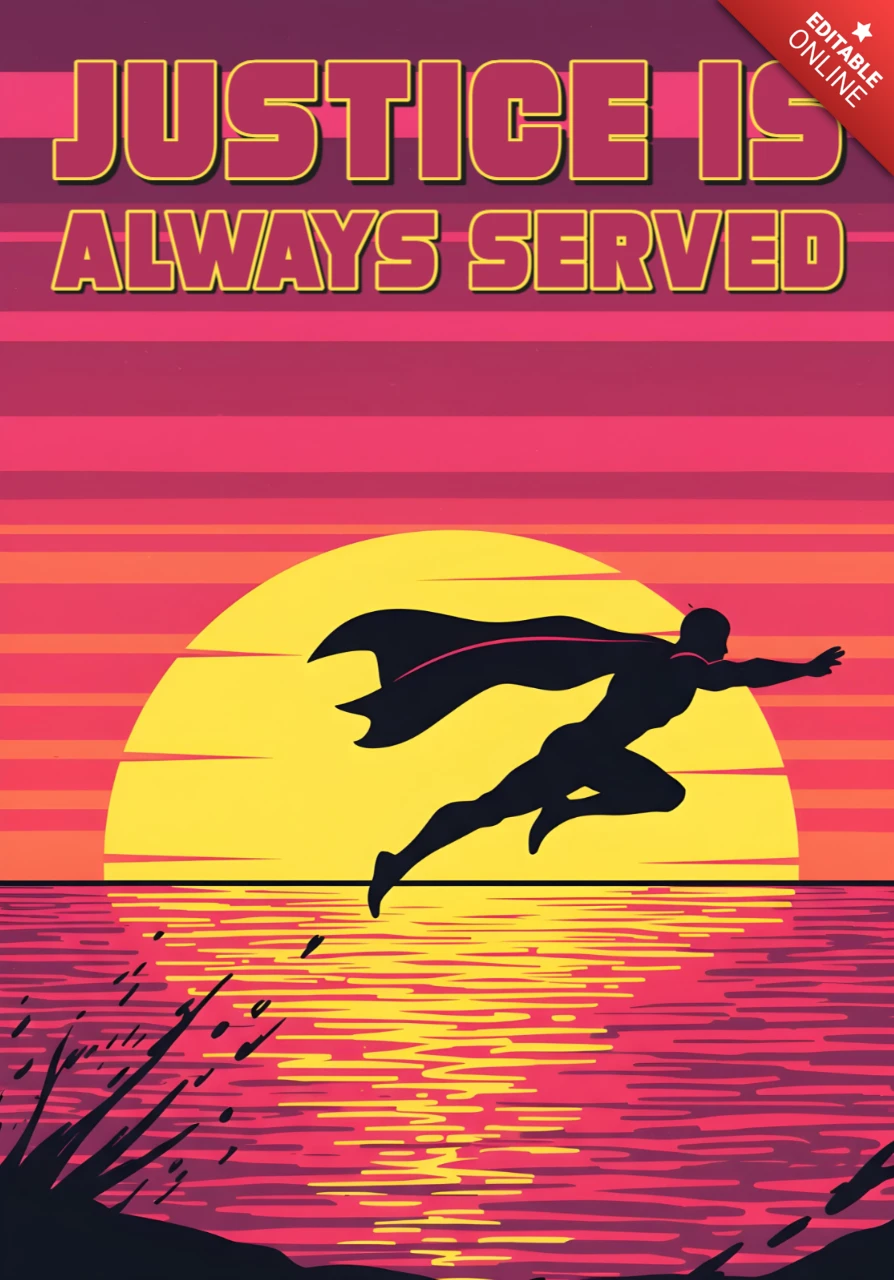 Justice Is Always Served Flying Superhero Over Sunset Ocean Scene Poster Design Template