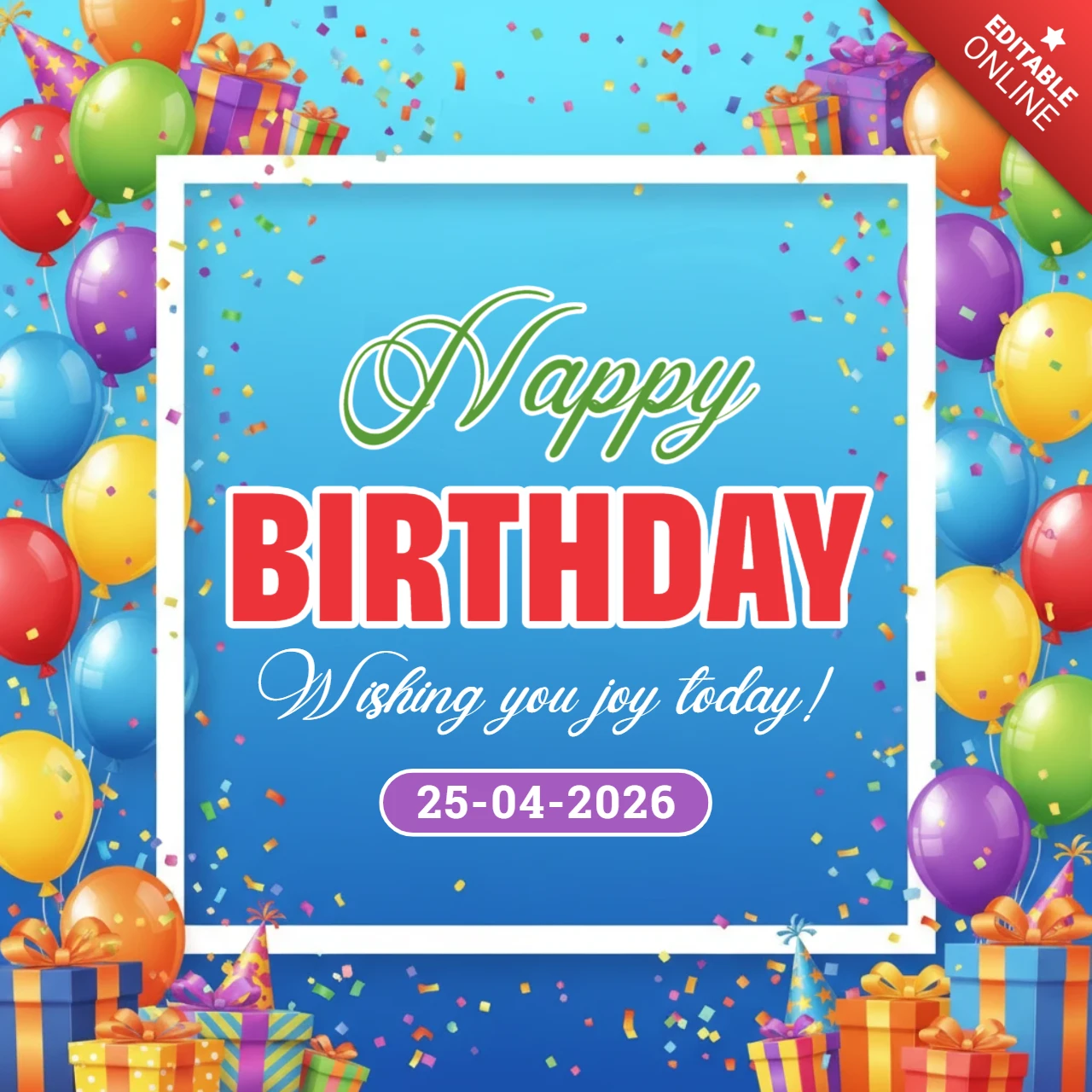 Pôster decorativo de feliz aniversário com fundo azul, balões, confete e caixas de presente para celebração de festa