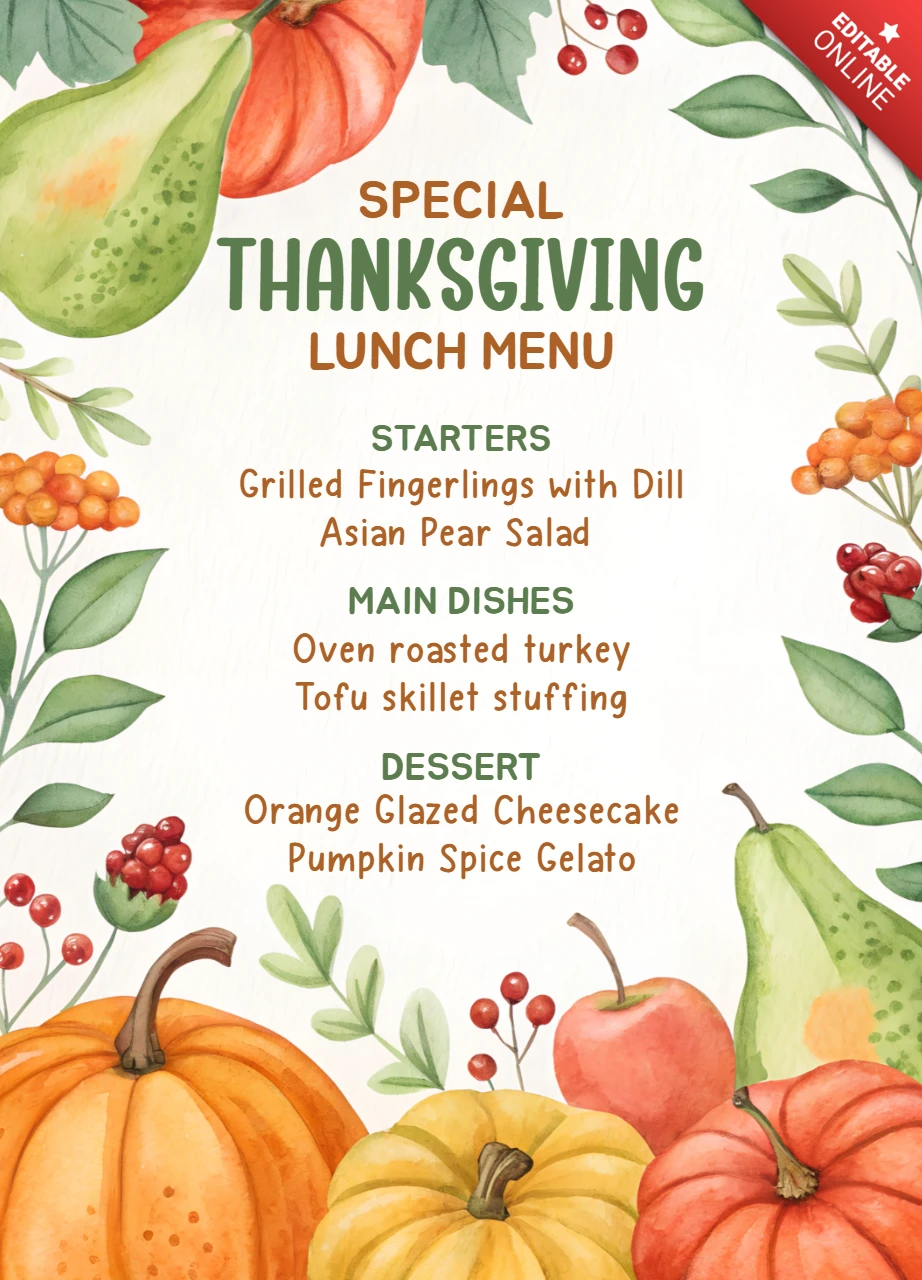 Thanksgiving Menu Design Template with Watercolor Pumpkins and Pears for Festive Catering