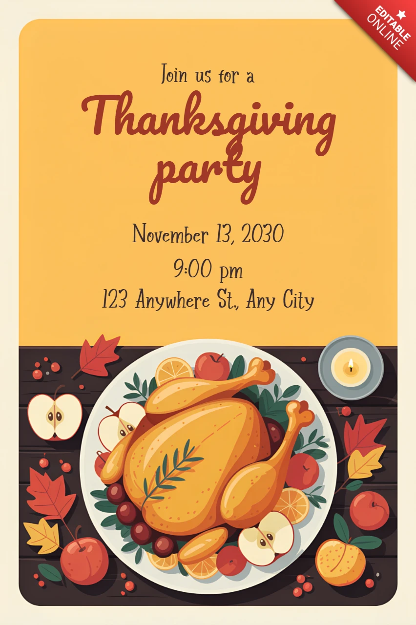 Thanksgiving Party Invitation Template with Festive Turkey Design for Editable Event Announcement