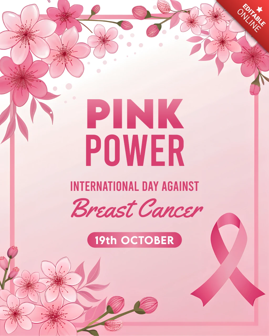 Modelo de conscientização do poder rosa floral para cartaz de campanha contra o câncer de mama