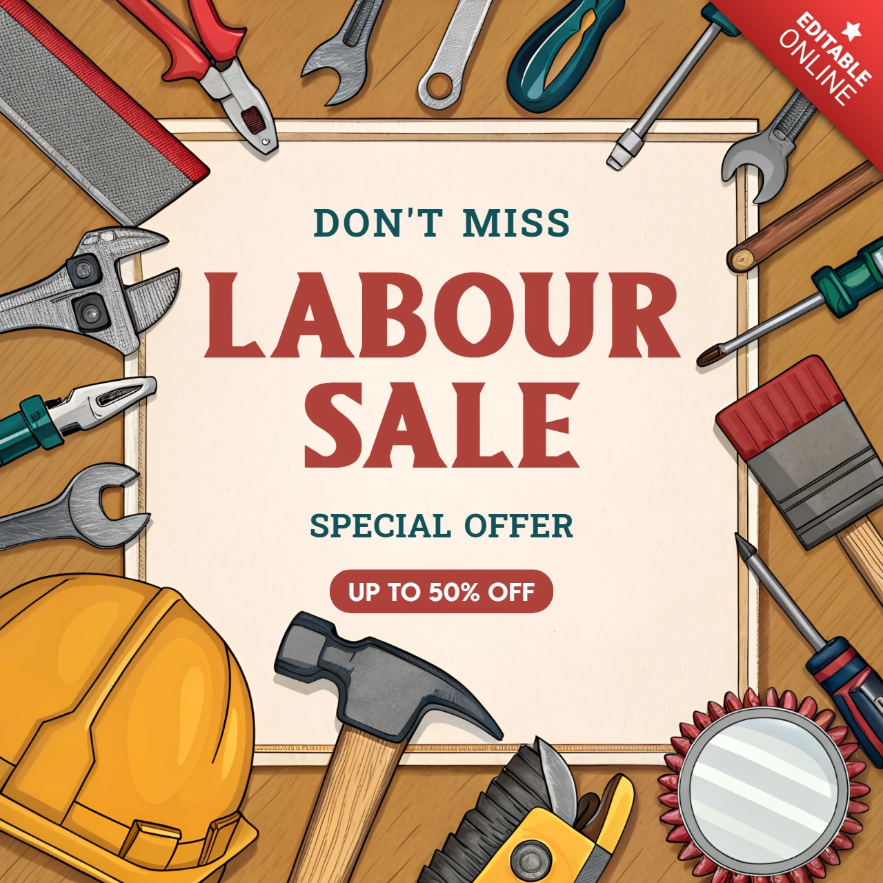 Editable Labour Sale Design Template with Hand-Drawn Tools and Special Offer
