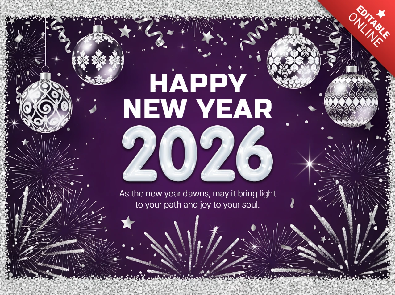 New Year Celebration Template with Silver Ornaments and Fireworks Design for Greeting Cards