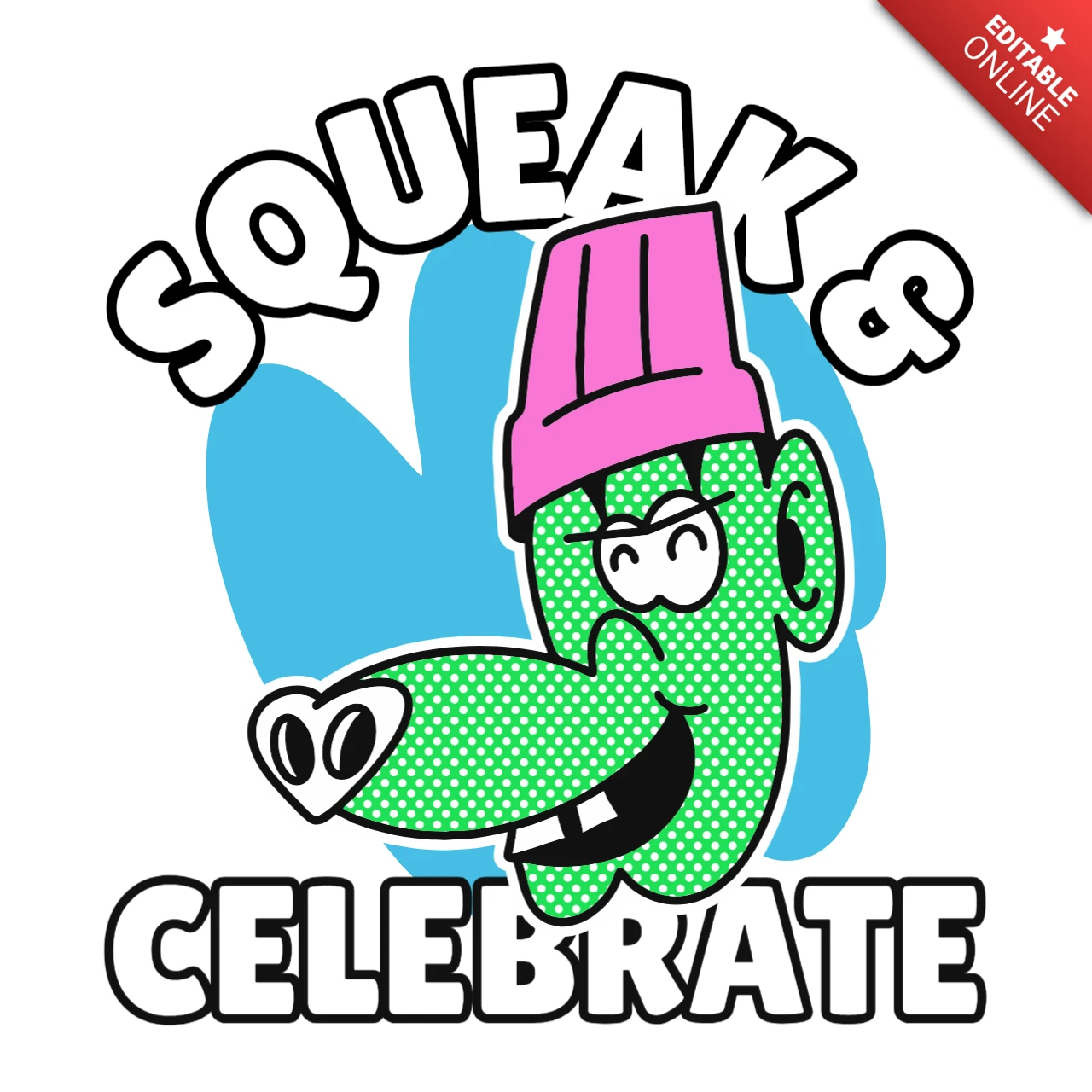Squeak & Celebrate Fun Cartoon Character Party T-Shirt Design Template