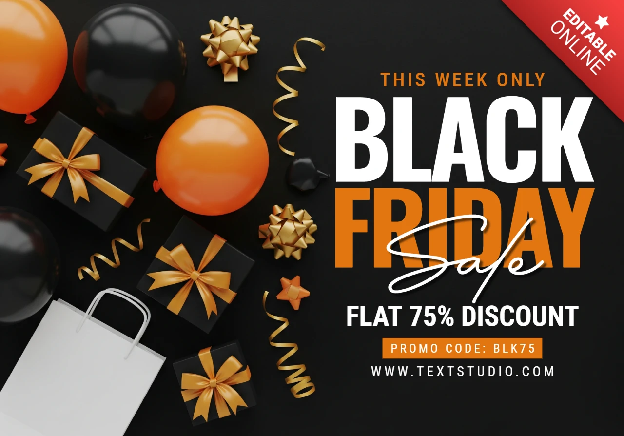 Black Friday Promo Black and Orange Balloon Design with Gold Ribbons and Gift Boxes Sale Design Template for Promotional Flyers