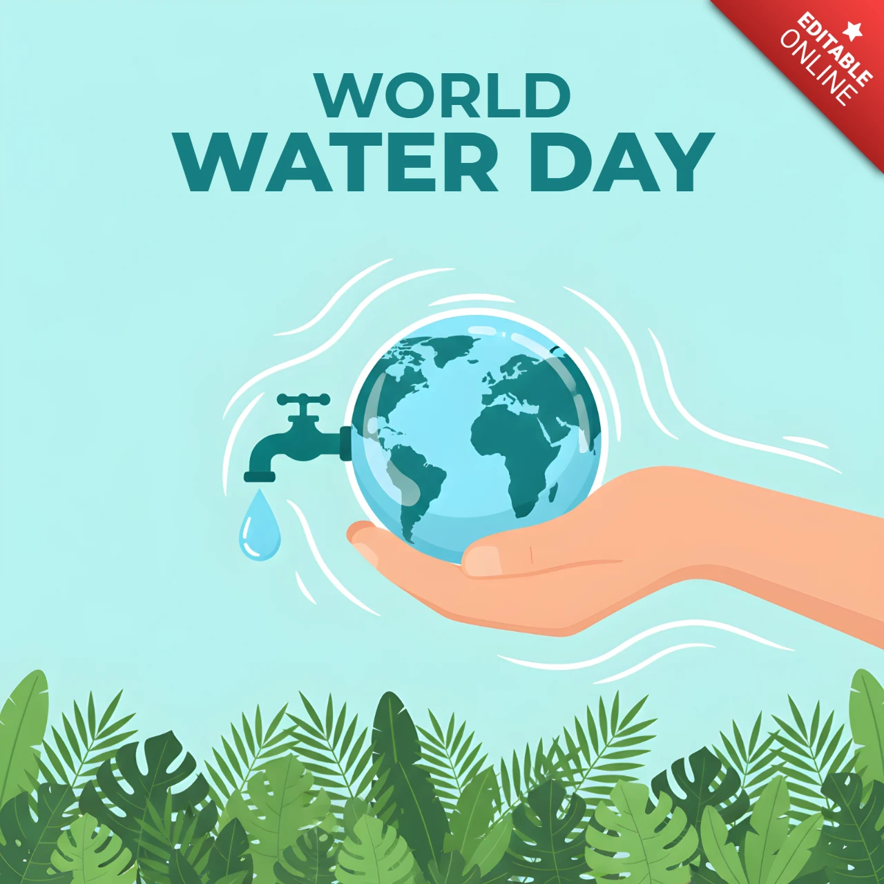Póster de concienciación ambiental para el Día Mundial del Agua 2026 con símbolos de mano, globo, grifo y gota para la sostenibilidad y protección.