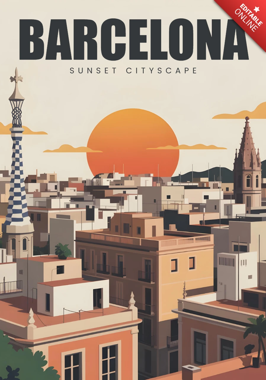 バルセロナの夕日が映える都市景観、歴史的および現代のランドマークを描いた旅行ポスターのデザインテンプレート