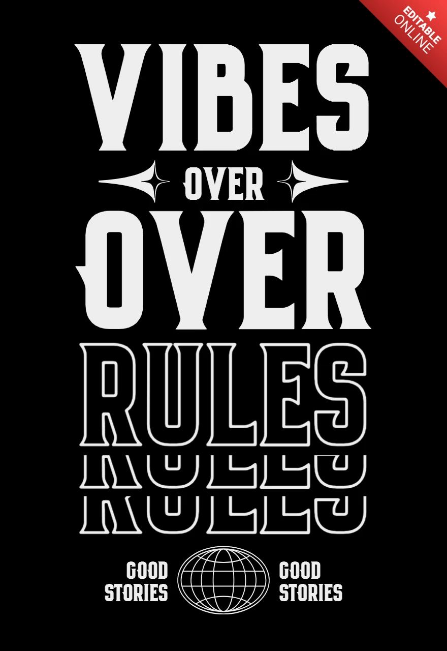 Diseño de camiseta con tipografía audaz de "Vibes over rules" y símbolo de globo con mensaje de rebelión