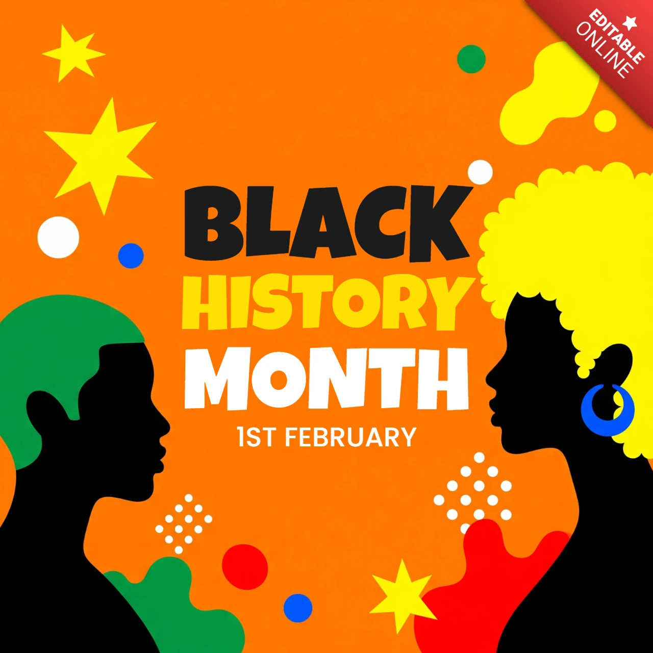 Affiche du mois de l'histoire des Noirs avec des silhouettes vibrantes se faisant face, aux couleurs panafricaines et un design de célébration abstrait.