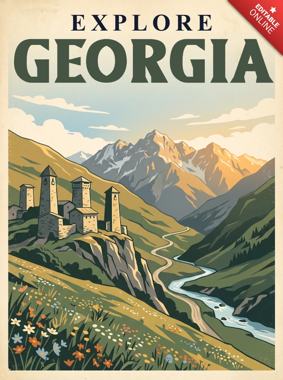 Georgia Retro Vintage Nature Poster Explore Georgia Scenic Mountain Valley River Historic Towers Wildflower Meadow Adventure Landscape