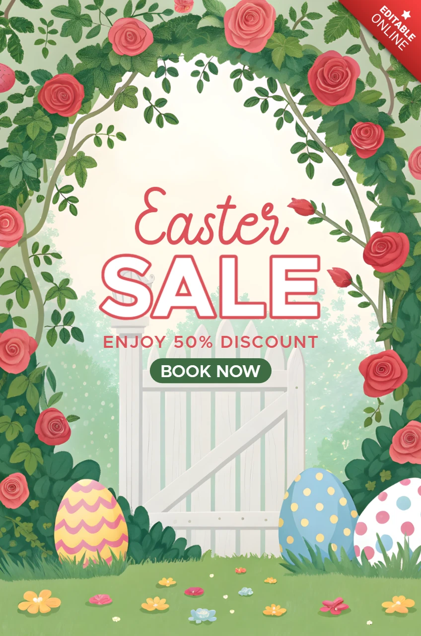 Easter Sale Design Template with Floral Art Style and Discount Promotion