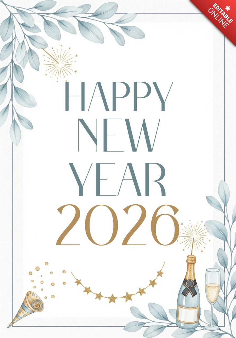 Cartão de feliz ano novo 2026 em aquarela com estrelas douradas, taças de champanhe e acentos de celebração elegantes.