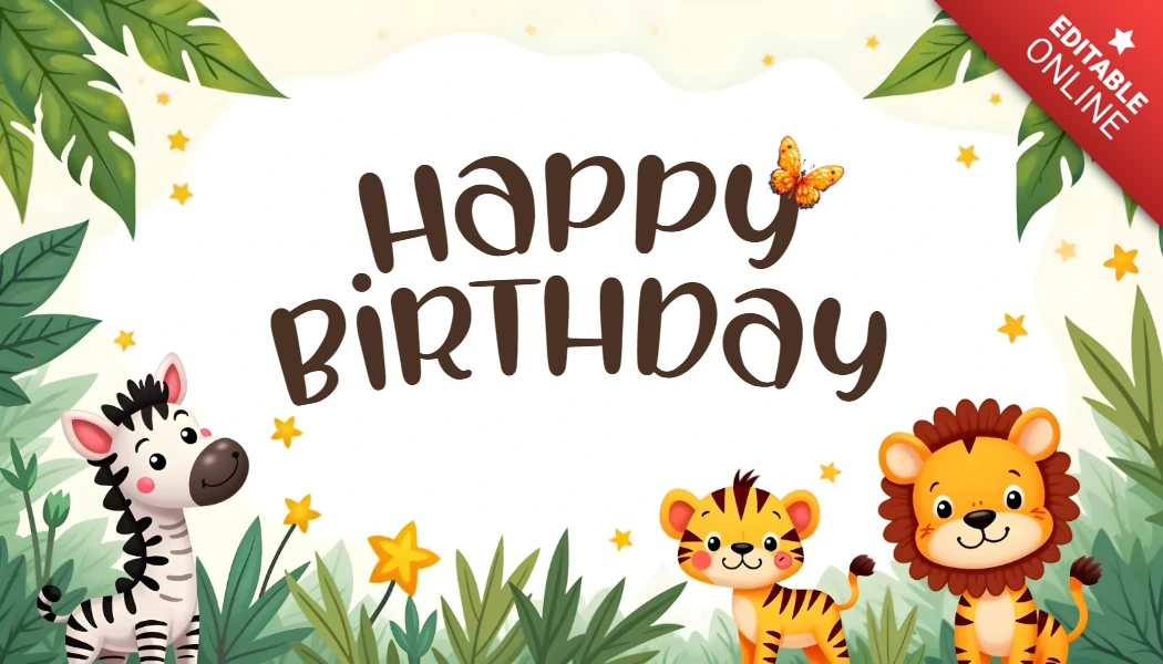 Adorable Jungle-Themed Happy Birthday Design Template with Cute Animals