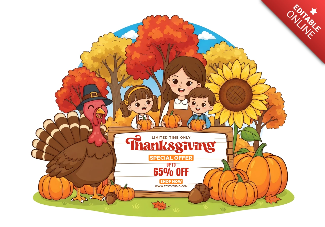 Plantilla de promoción de Acción de Gracias, familia alegre y pavo en un cálido entorno otoñal con diseño de banner de mensaje de gran venta.