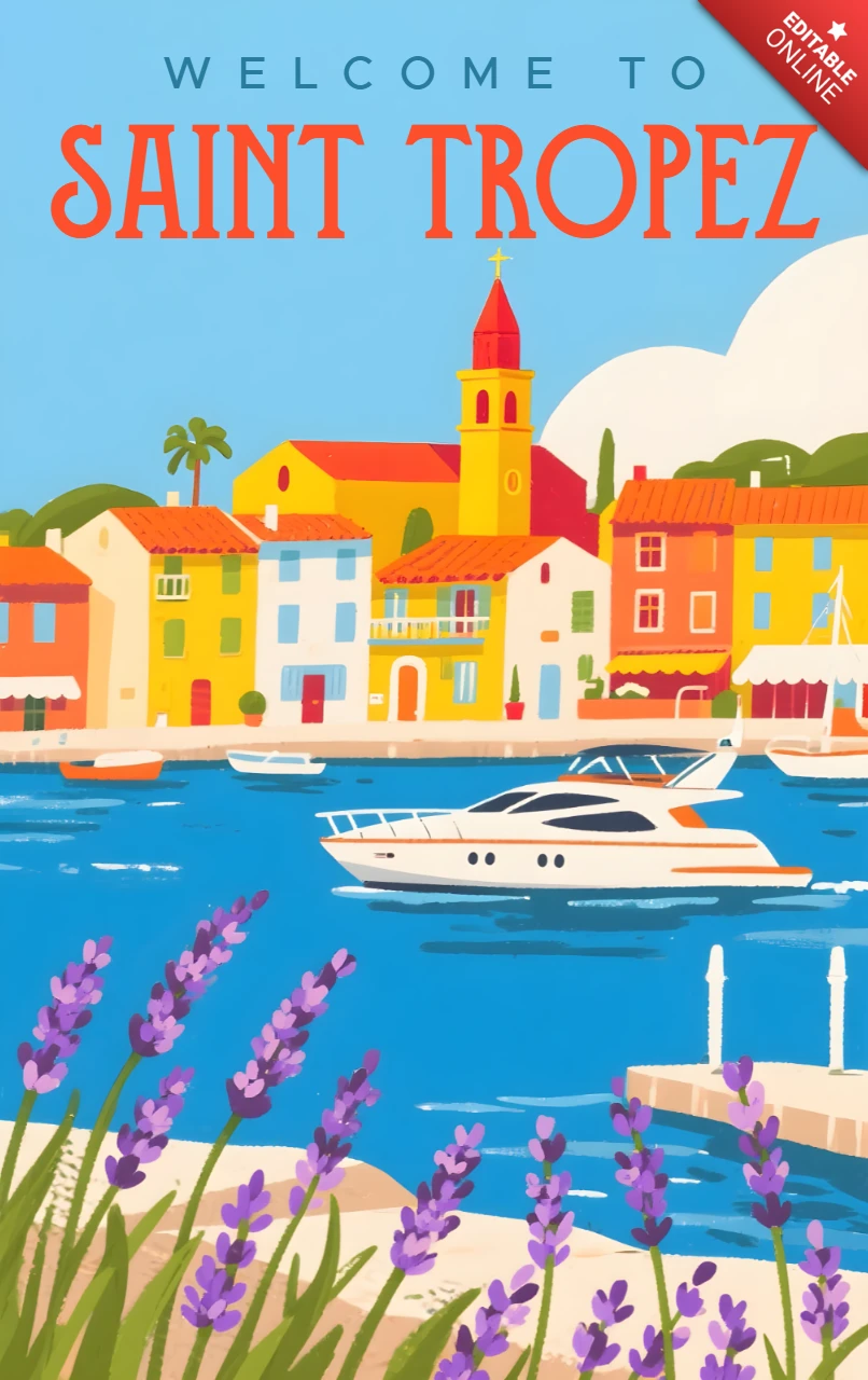 Template de design de cartaz de viagem vintage de Saint Tropez com iate e lavanda.
