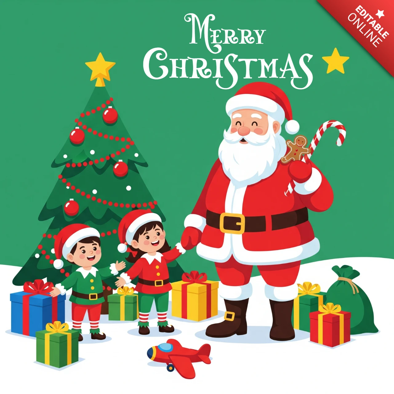 Merry Christmas Santa, Children, and Tree in Snowy Landscape with Gifts and Peaceful Wishes Poster Design Template