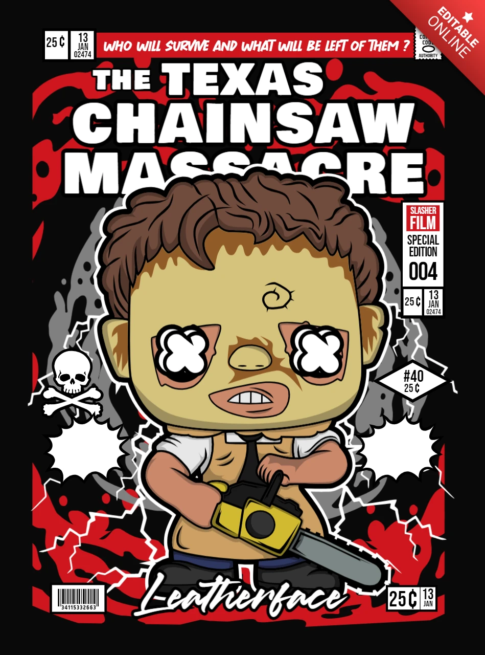 Modelo de design de capa de revista do personagem de desenho animado The Texas Chainsaw Massacre