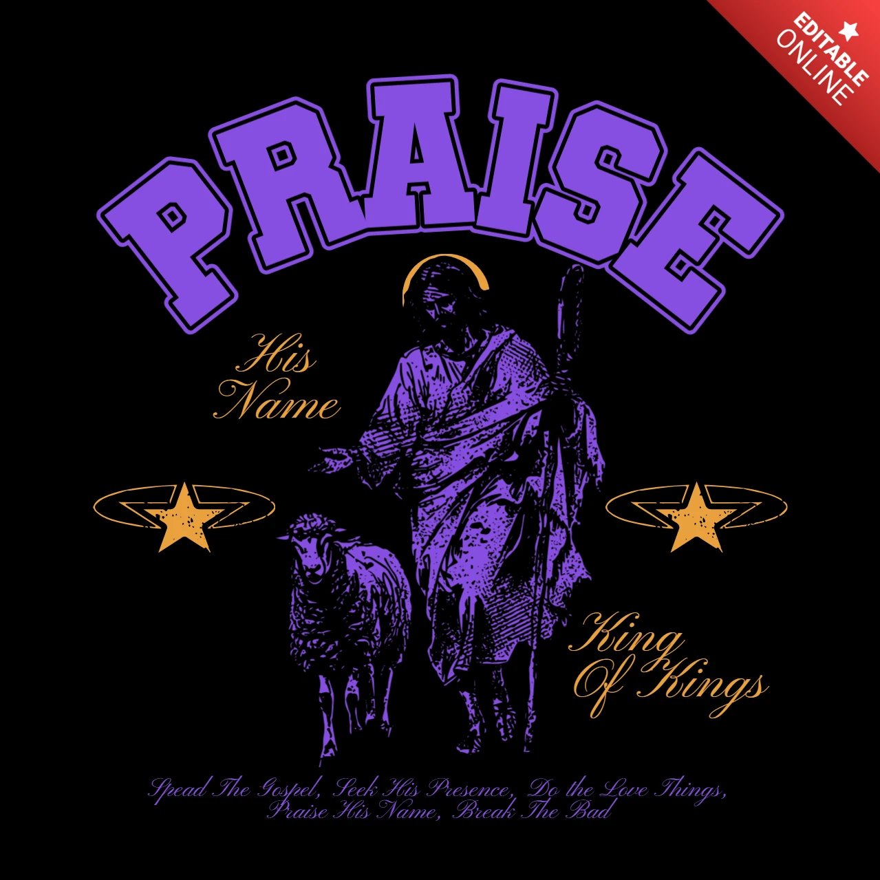 PRAISE Christian Art Print with Shepherd Imagery and Inspirational Gospel Message T-Shirt Design Template