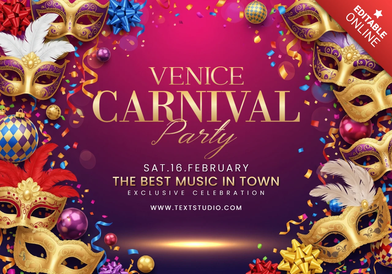 Venice Carnival Party Poster Ornate Gold Masks and Confetti on Pink-Purple Gradient