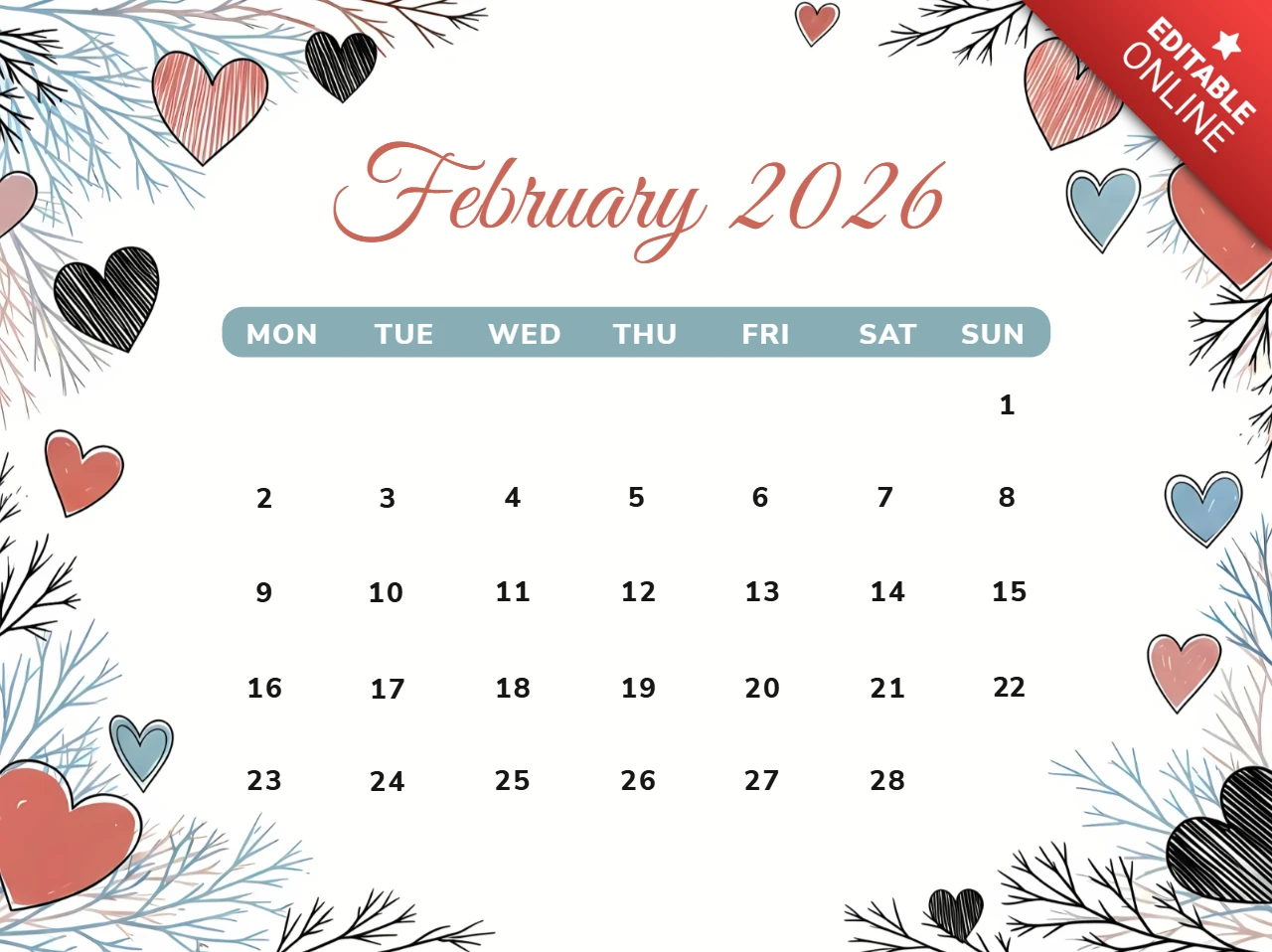 Heart-Themed Calendar Template Design for February 2026