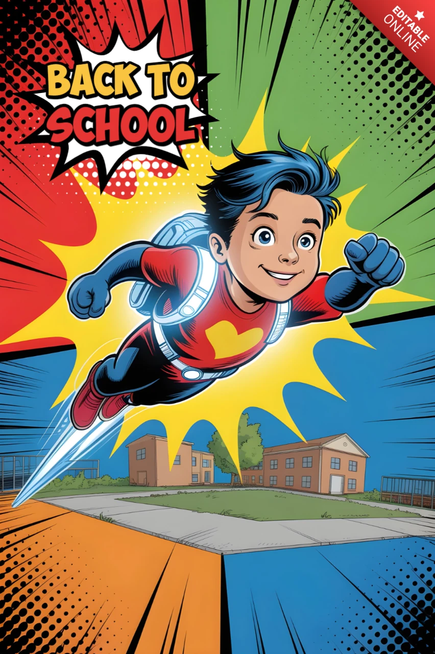 学校に戻るジェットパックスーパーヒーロー学生、ハートのエンブレムとコミックバーストのポスターデザインテンプレート