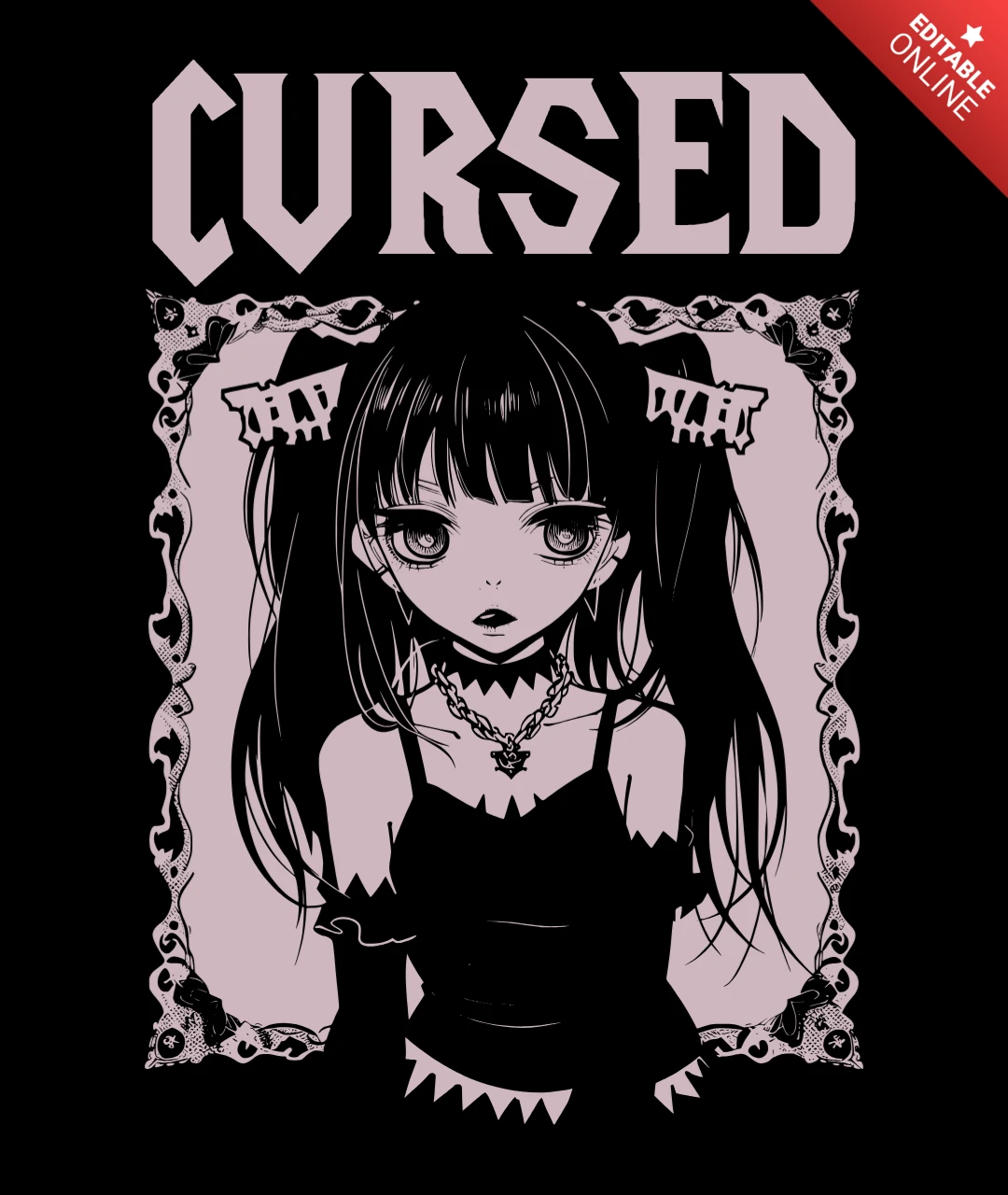 Cursed Elegance Gothic Anime Girl with Dark Lolita T-Shirt Design Template