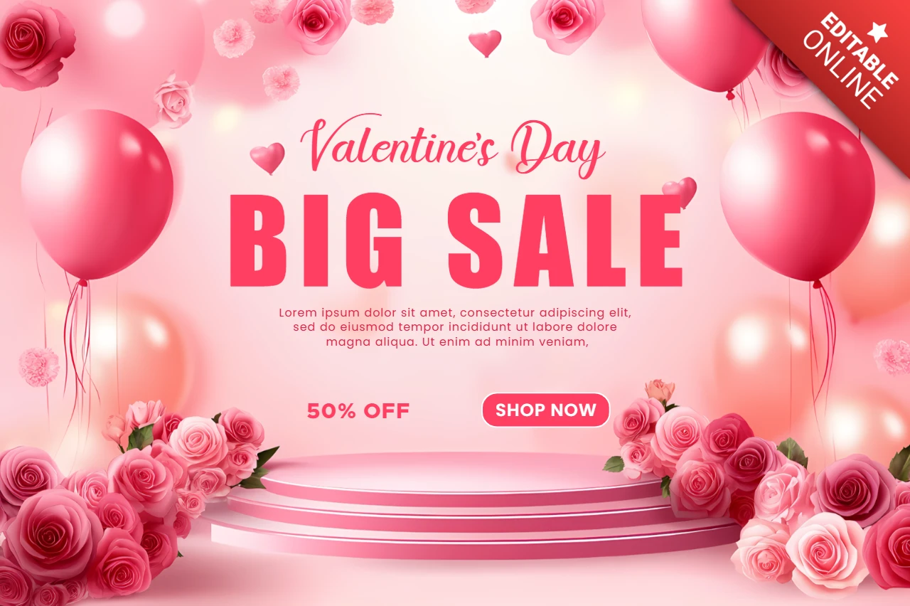 Modèle de vente de la Saint-Valentin avec ballons et roses