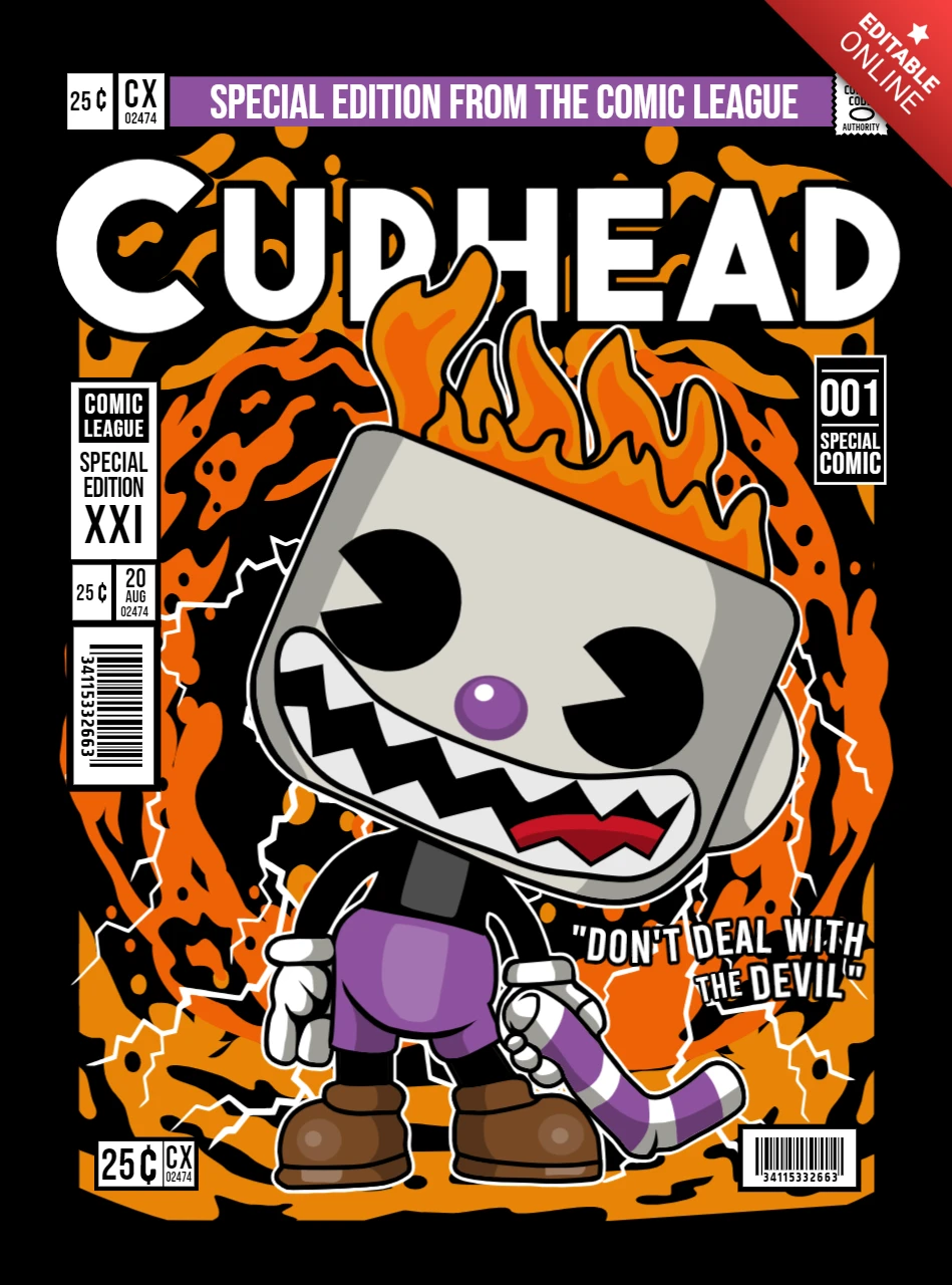 Modelo de design de capa de revista de personagem de desenho animado Evil Cuphead