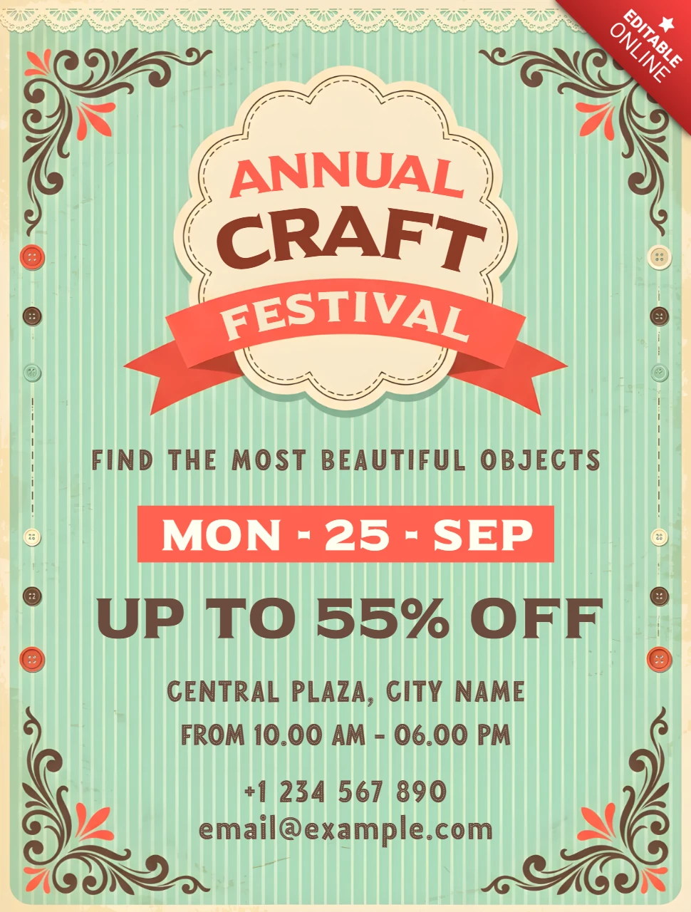 Modèle de flyer pour événement annuel rétro de festival d'artisanat avec design de marché artisanal vintage et foire d'artisans