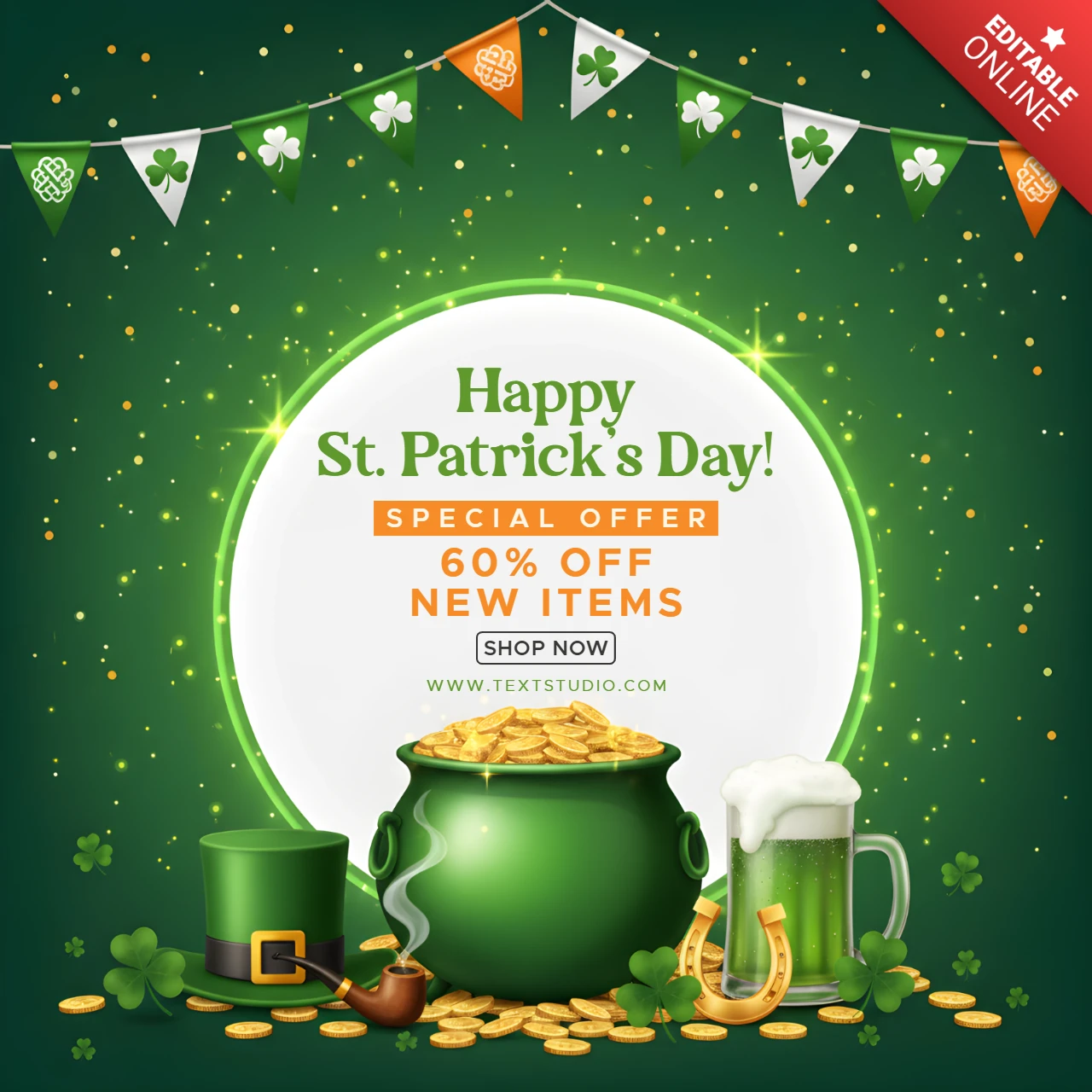St. Patrick's Day Rabattflyer-Designvorlage mit Kleeblättern, Leprechaun-Hut und festlicher Typografie
