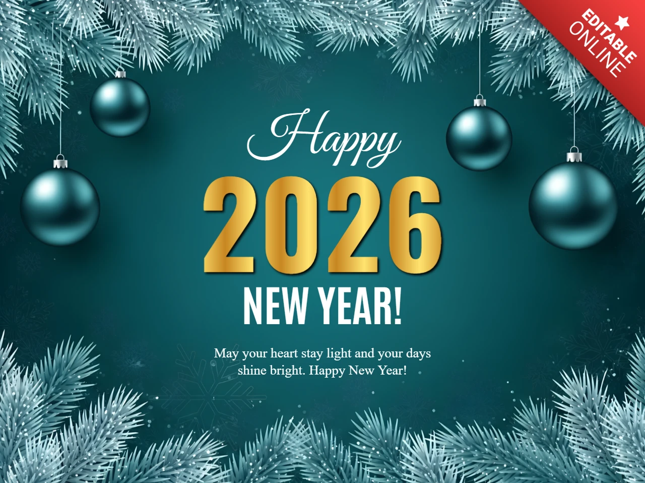 Plantilla de celebración de Año Nuevo con elegantes adornos y diseño de pino para tarjetas navideñas.