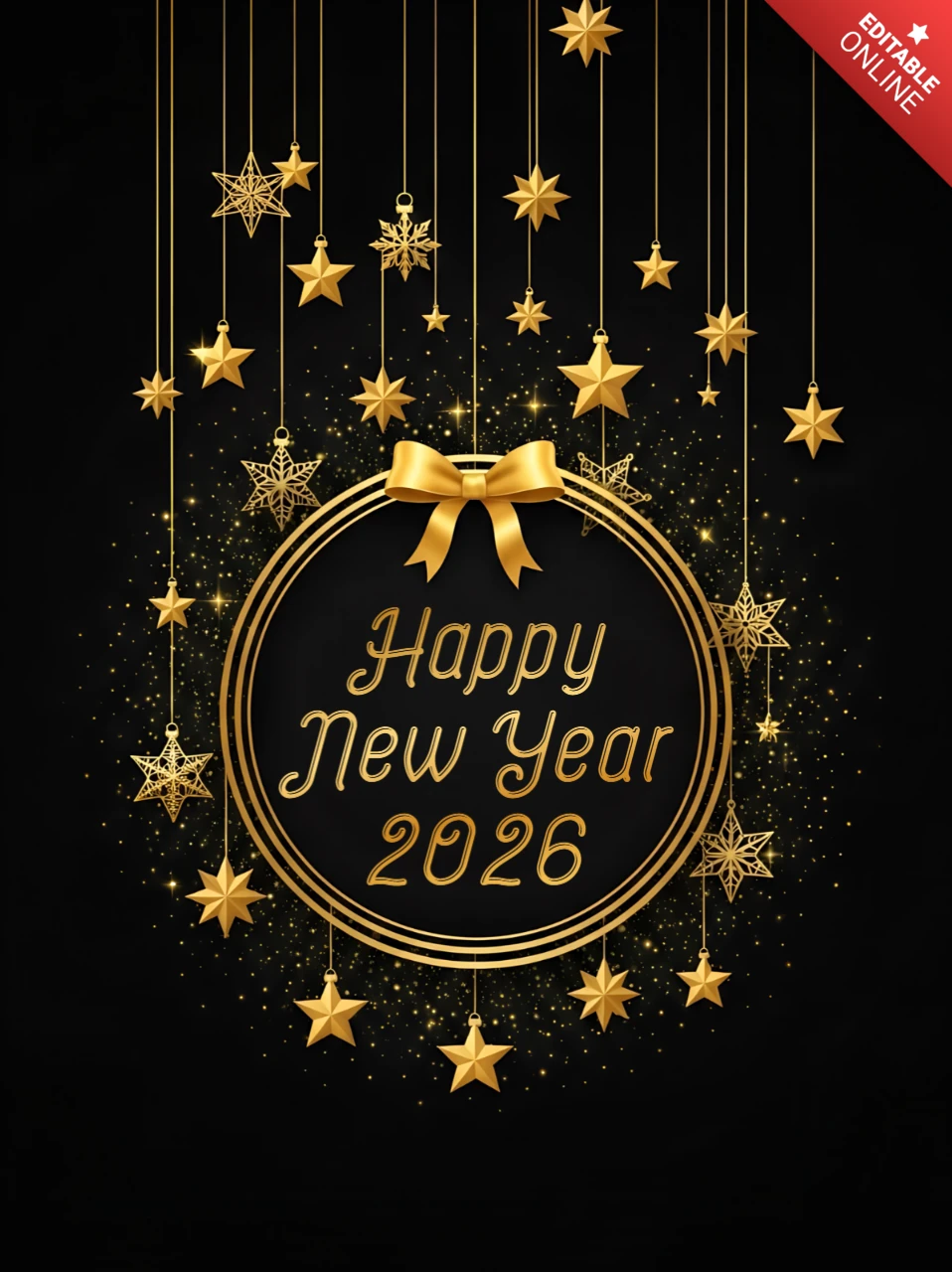 Elegante modello di biglietto d'auguri per il nuovo anno 2026 con stelle e design dorato