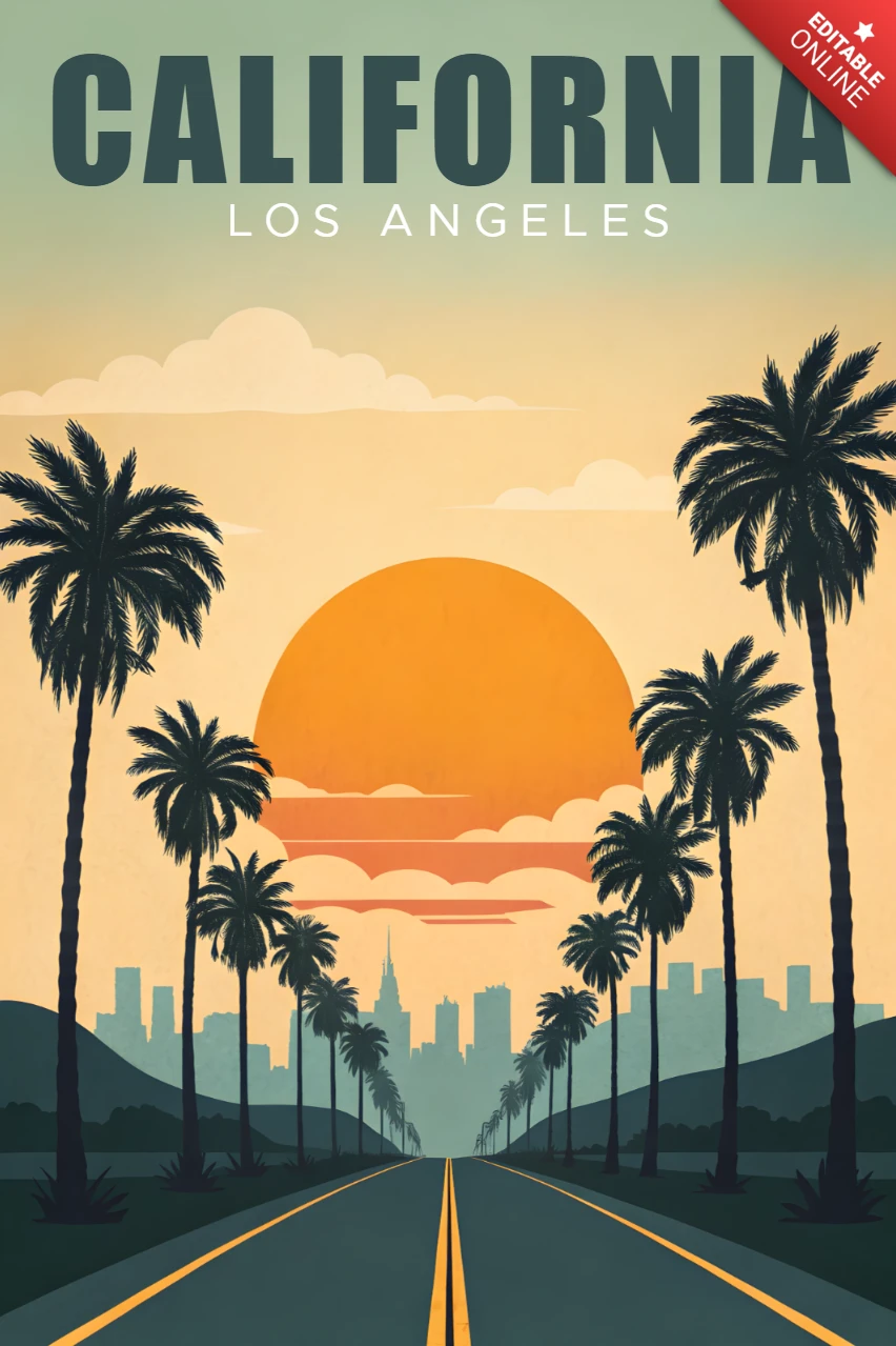 Template di design per poster di viaggio retro flat con tramonto californiano