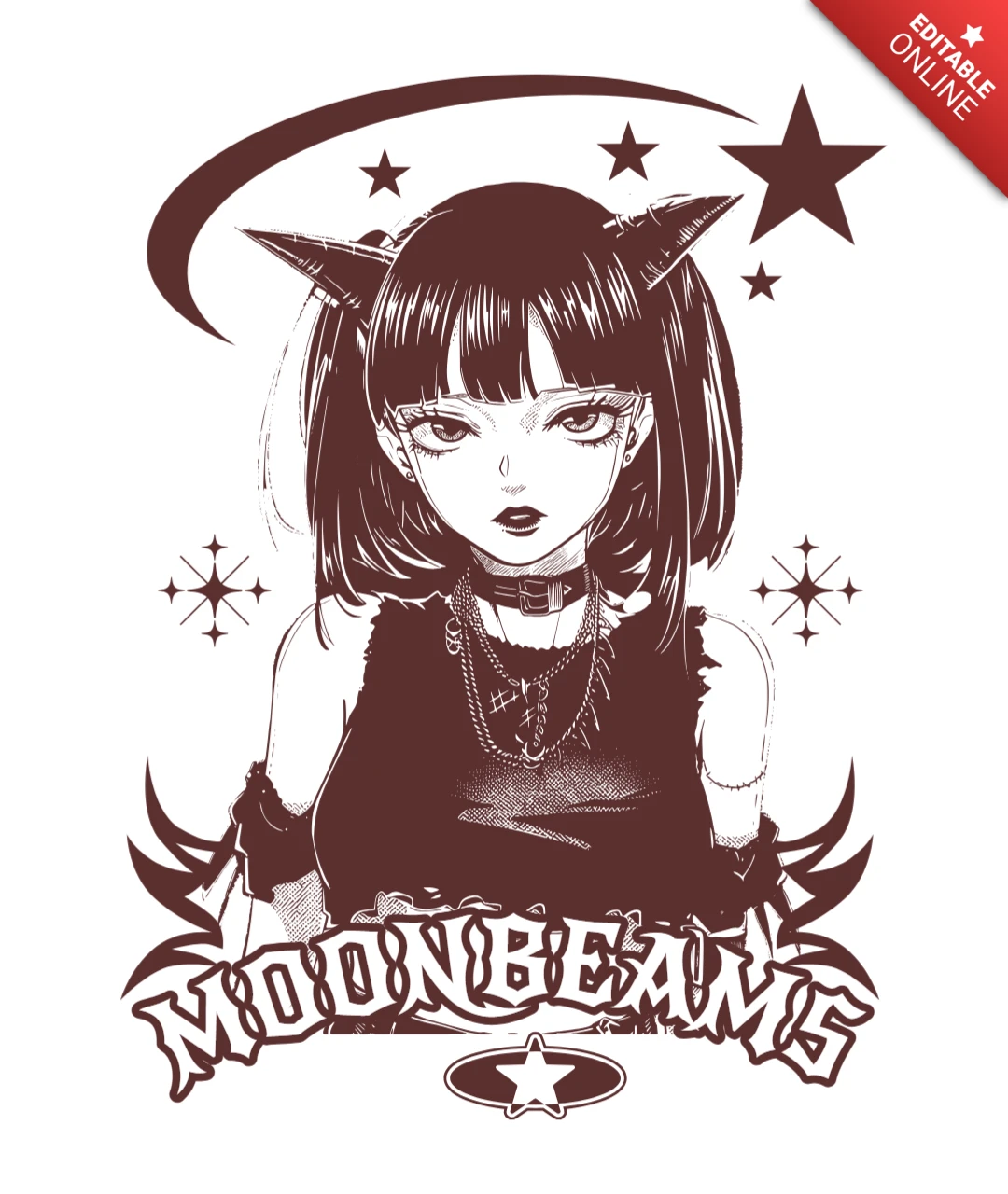 Menina anime com orelhas de gato em um design de camiseta gótica celestial com raios de lua.