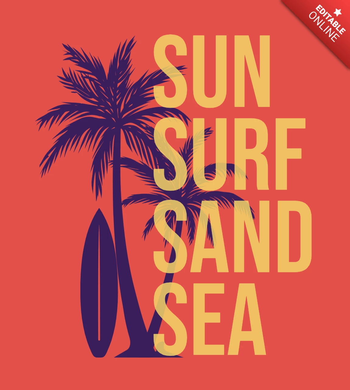 Palm Tree And Surfing Board On Sea Beach T-Shirt Design Template