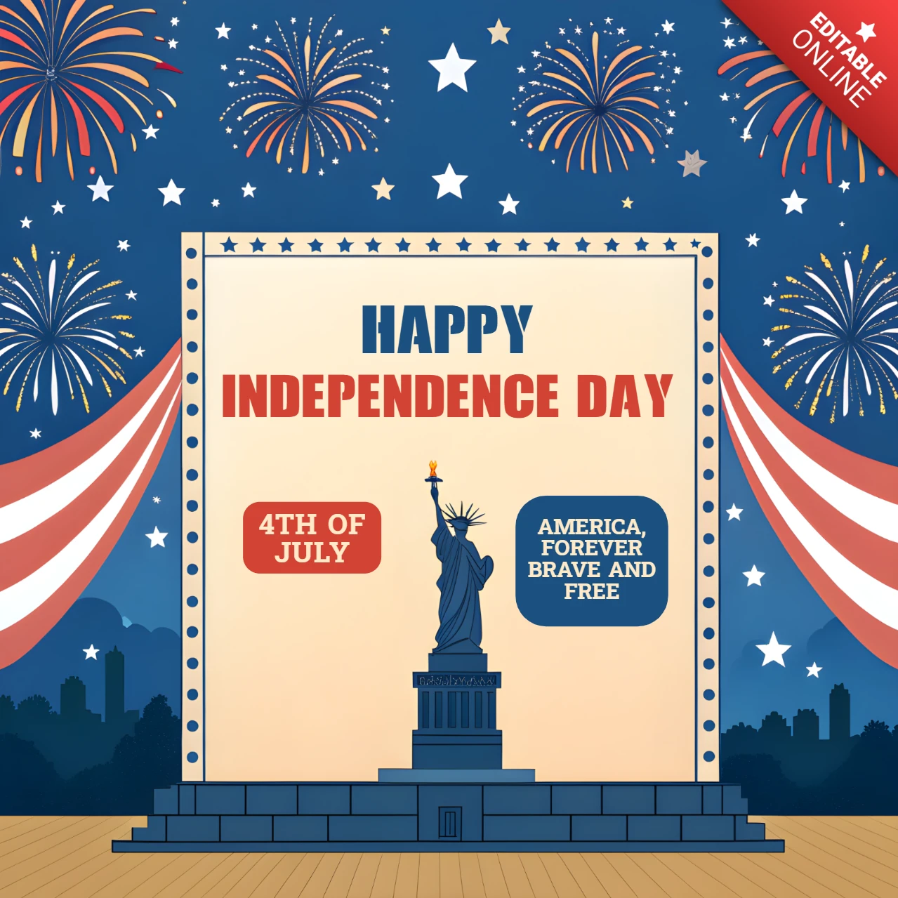 Template di design per la celebrazione del giorno dell'indipendenza con la Statua della Libertà e fuochi d'artificio.