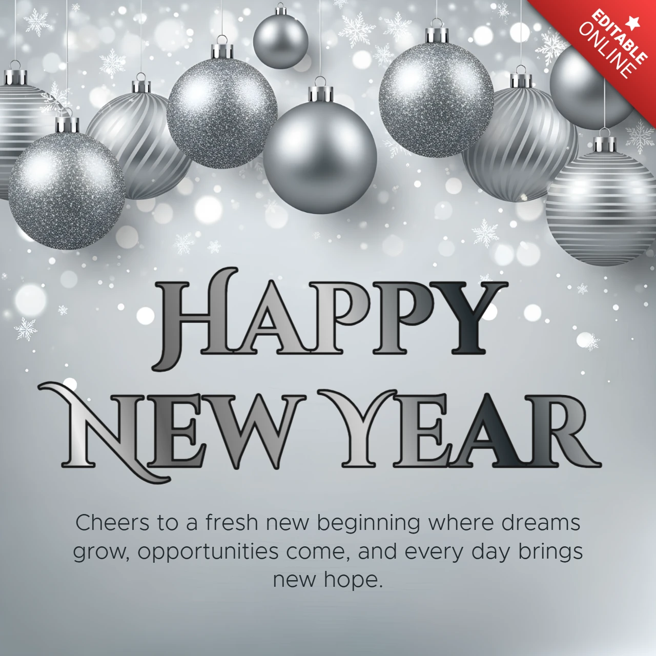 Elegant New Year Greeting Card Template with Silver Ornaments Design