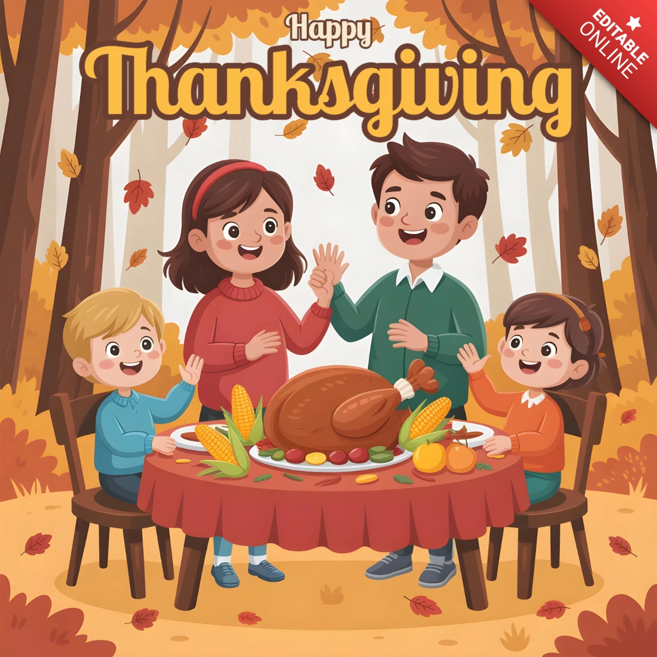 Plantilla de diseño de banner de día de acción de gracias con una fiesta familiar de dibujos animados al aire libre con pavo, calabazas y hojas de otoño.