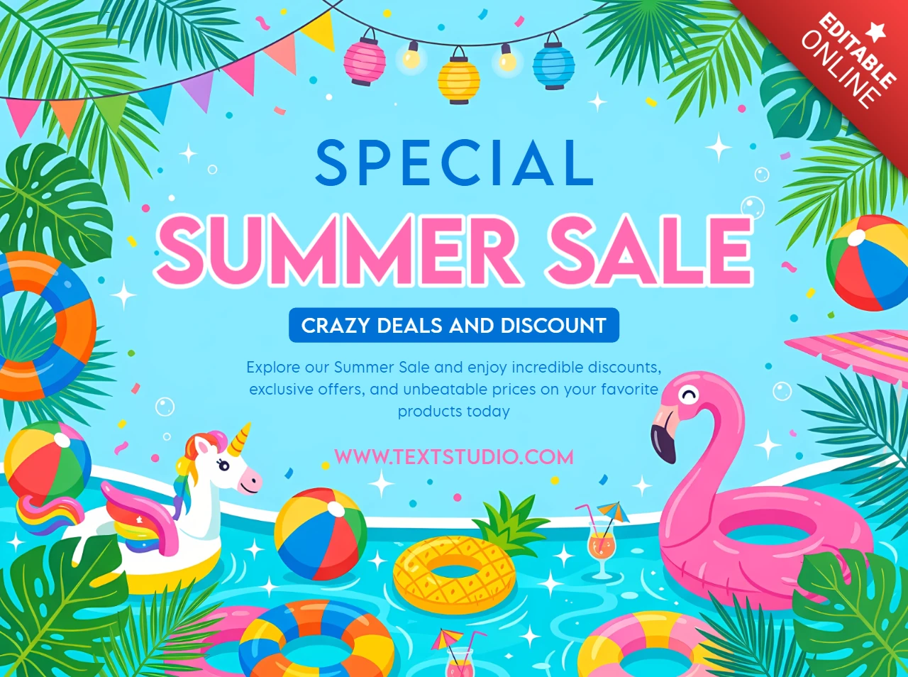 Bannière promotionnelle de vente d'été avec fête à la piscine et accessoires de plage tropicaux
