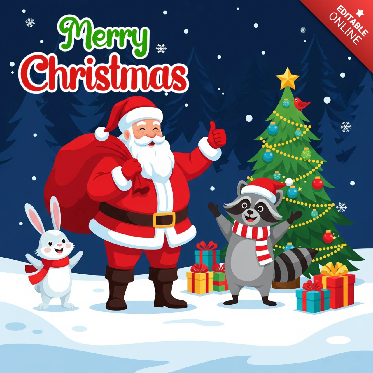 Santa with Rabbit and Raccoon Surrounded by Snowflakes, Pine Trees, and Christmas Joy Poster Design Template