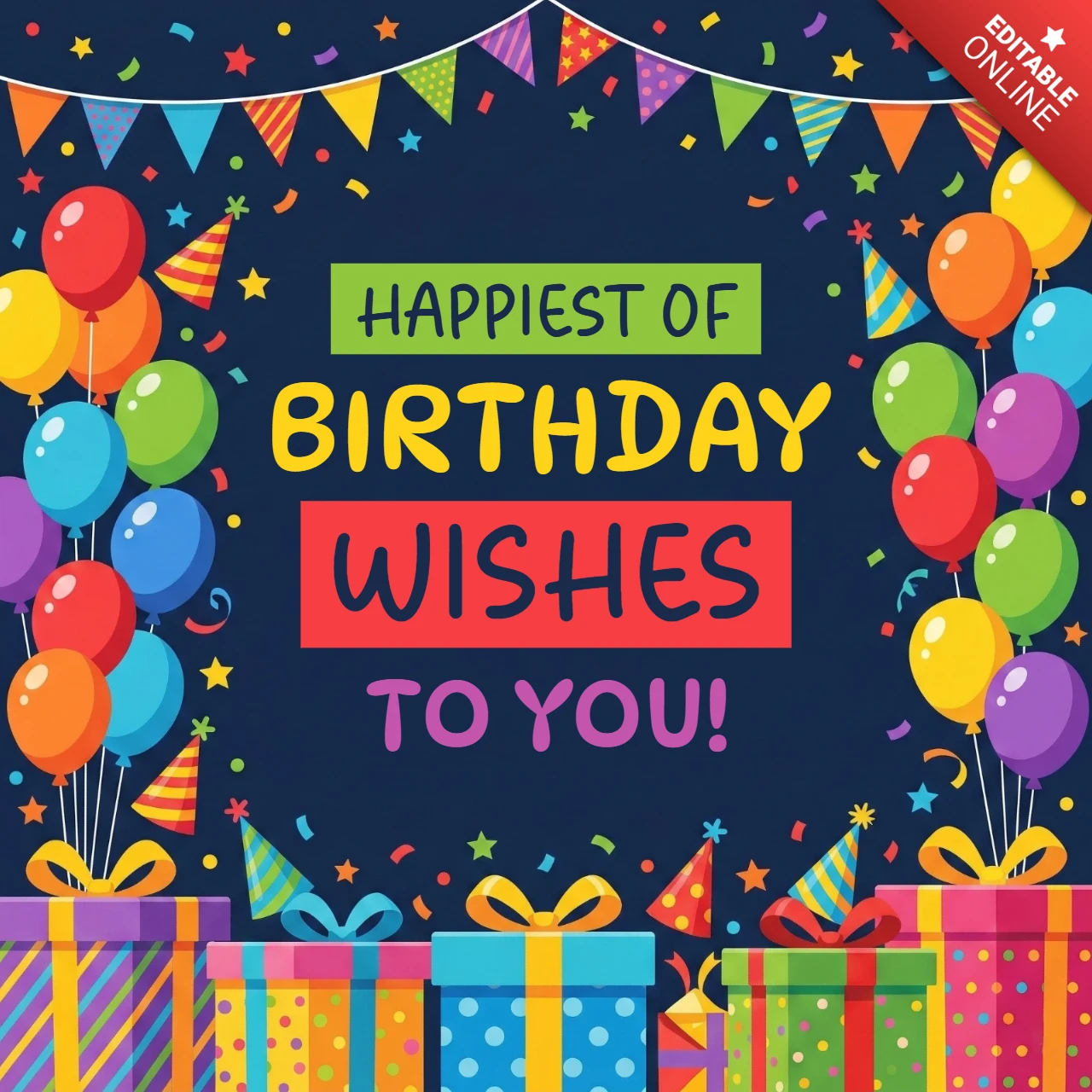Cartaz de feliz aniversário com fundo azul escuro, balões, confete, bandeirinhas e alegres desejos de feliz aniversário.
