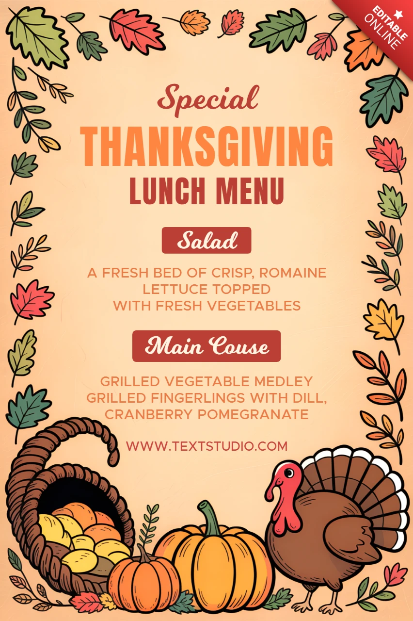 Modèle de design de menu de Thanksgiving avec dinde et feuilles d'automne pour des événements festifs