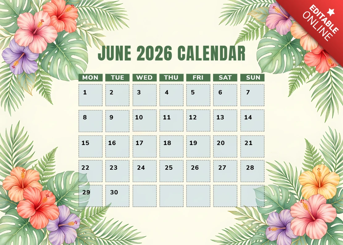 June 2026 Monthly Calendar with Tropical Hibiscus Flowers and Palm Leaf Border
