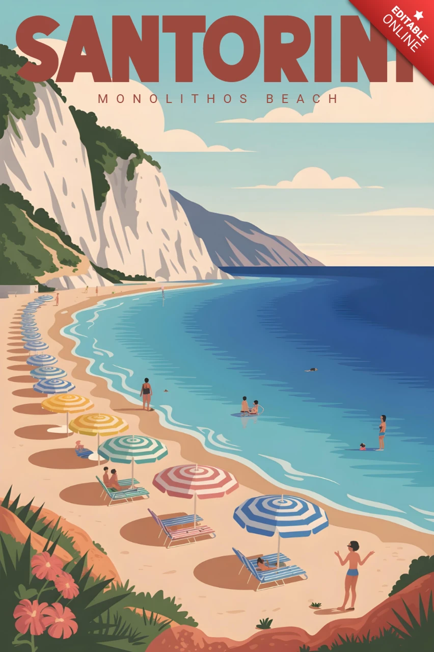Monolithos Strand mit bunten Sonnenschirmen und weißen Klippen Santorini Reiseposter Designvorlage