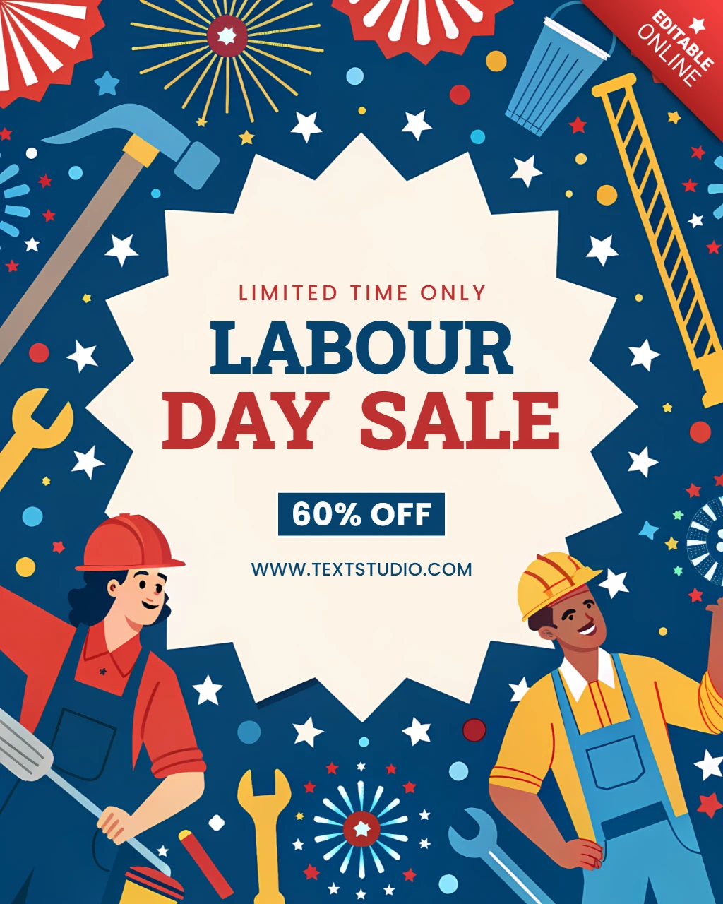 Modello di design per saldi festivi per la festa del lavoro con grafica audace